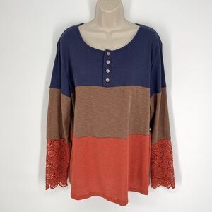 Farmhouse Rags NWT Colorblock Top Crochet Size 2XL Blue Brown Orange